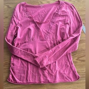 Garnet Hill Fuchsia Lace Trim long sleeve Cotten knit top XL 21” pit to pit